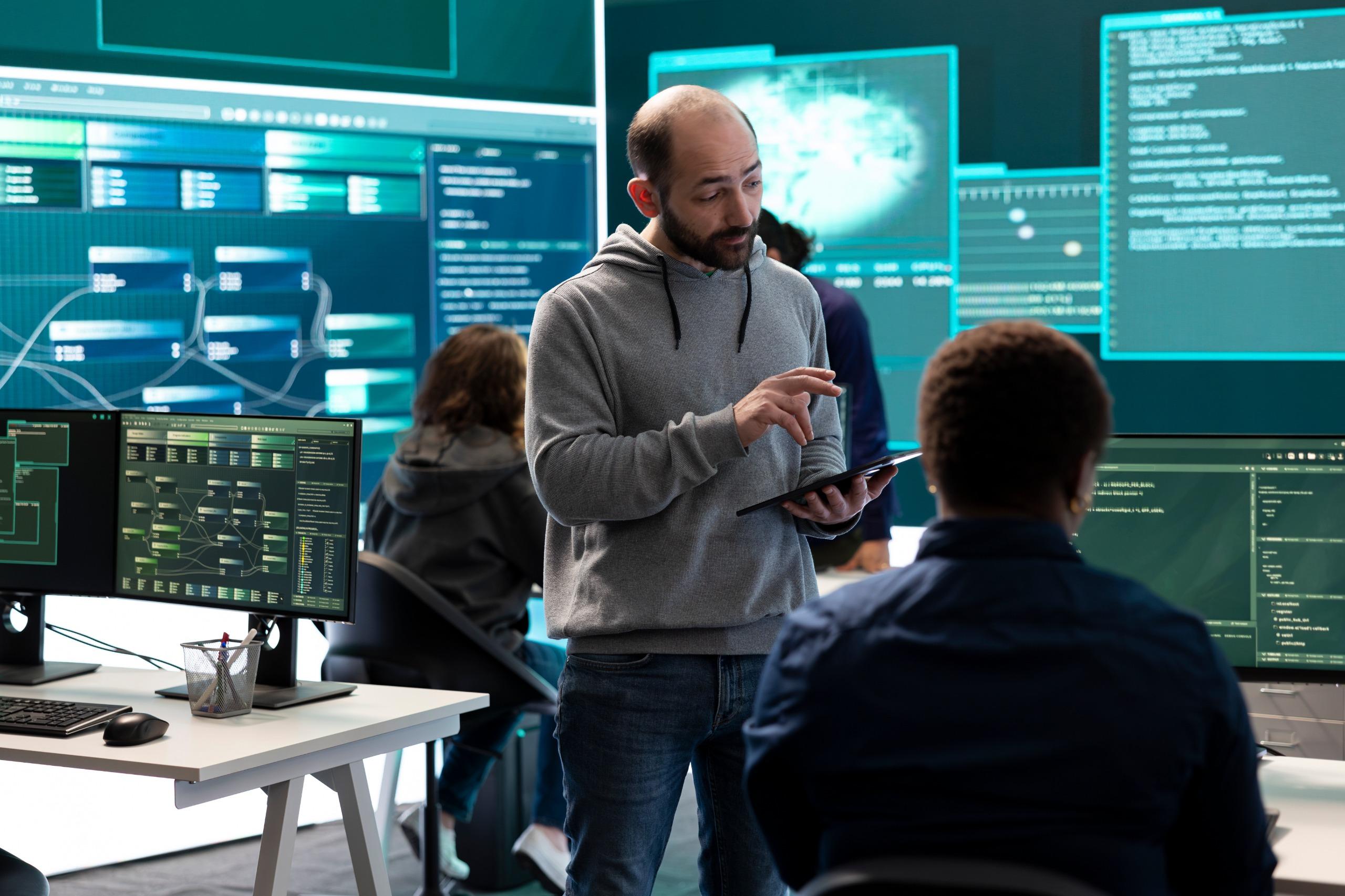 Cybersecurity professionals working at a command centre with multiple screens
